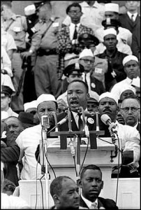 King giving his most famous speech in the shadow of the Lincoln Memorial in Washington, D.C. (American Rhetoric, public domain)