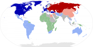 A world map showing the two main "blocs" during Cold war, as well as their allies, colonized countries and non-aligned countries, as of 1959. (Sémhur via Wikimedia Commons)