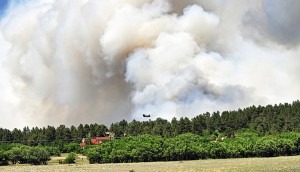 U.S. Army pilots and crewmembers go into thick smoke to release water onto the fire at Black Forest, Colo., on June 12. The fire has since been extinguished, but not before earning the ignominious title of most damaging fire in state history.  (Photo by The U.S. Army, Sgt. Jonathan C. Thibault via Wikimedia Commons)