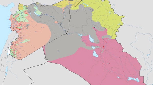 A map (created June 2014) of the Syrian Civil War and the Iraqi insurgency led by ISIS. Grey=Area controlled by ISIS; Pink=area controlled by the Iraqi government; Peach=area controlled by the Syrian government; Yellow=area controlled by Kurds (An updated map of the Syrian Civil War and the Iraqi insurgency led by ISIS. (By Haghal Jagul via Wikimedia Commons)