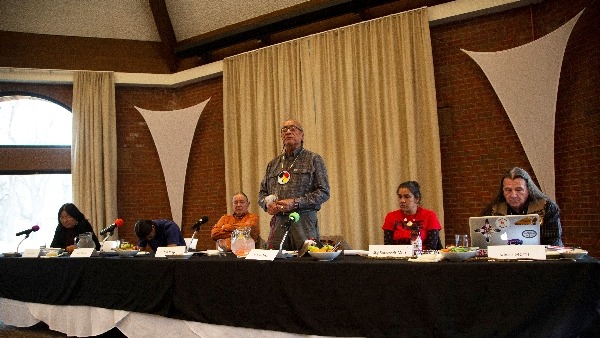 Panelists at the "Redskin, Tanned Hide" Conference. (L to R) Ava Hamilton, Devin Oldman, Tink Tinker, Robert Cross, Sky Roosevelt-Morris, Glenn Morris. (Photo by Iliff Seminary)